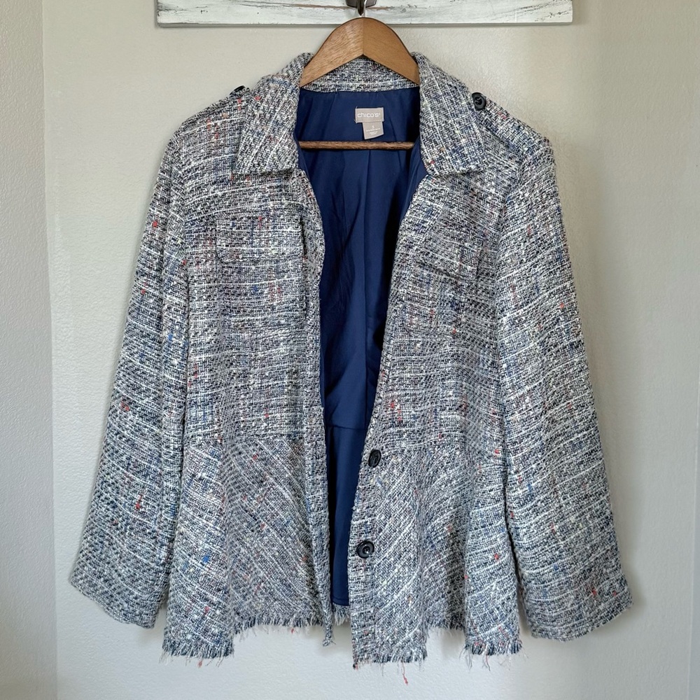 CHICO’S 3 / XL 16 18 Tweed Peplum Fringe Trim Jacket Blazer - Picture 8 of 12